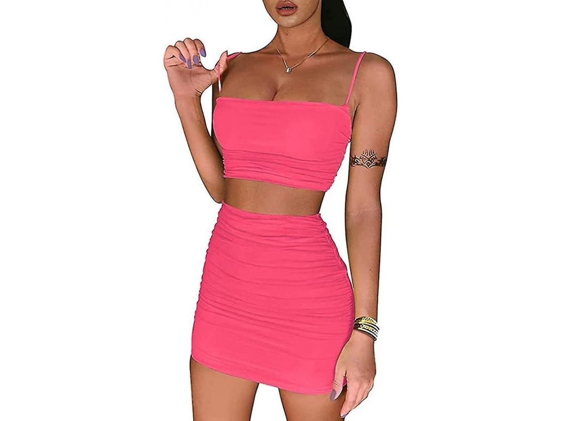 Conjunto De 2 Piezas Para Mujer: Top Camiseta Crop Con Ruched Y Falda Bodycon Mini Para Club S Rosa