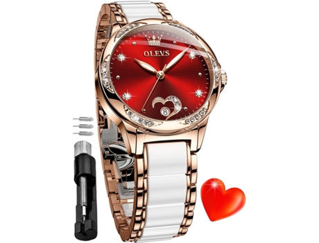VEANXIN Reloj automático para Mujer Reloj de Diamantes Reloj de señora de cerámica de Oro Rosa para Mujer(rojo)