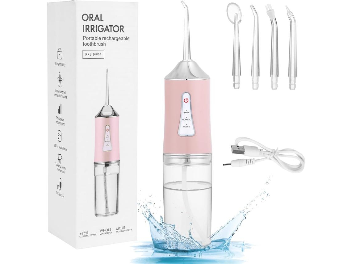Irrigador Oral Fio Dental Profissional Portátil para Limpeza dos Dentes e Remoção de Manchas Branco-Rosa GERTIZ