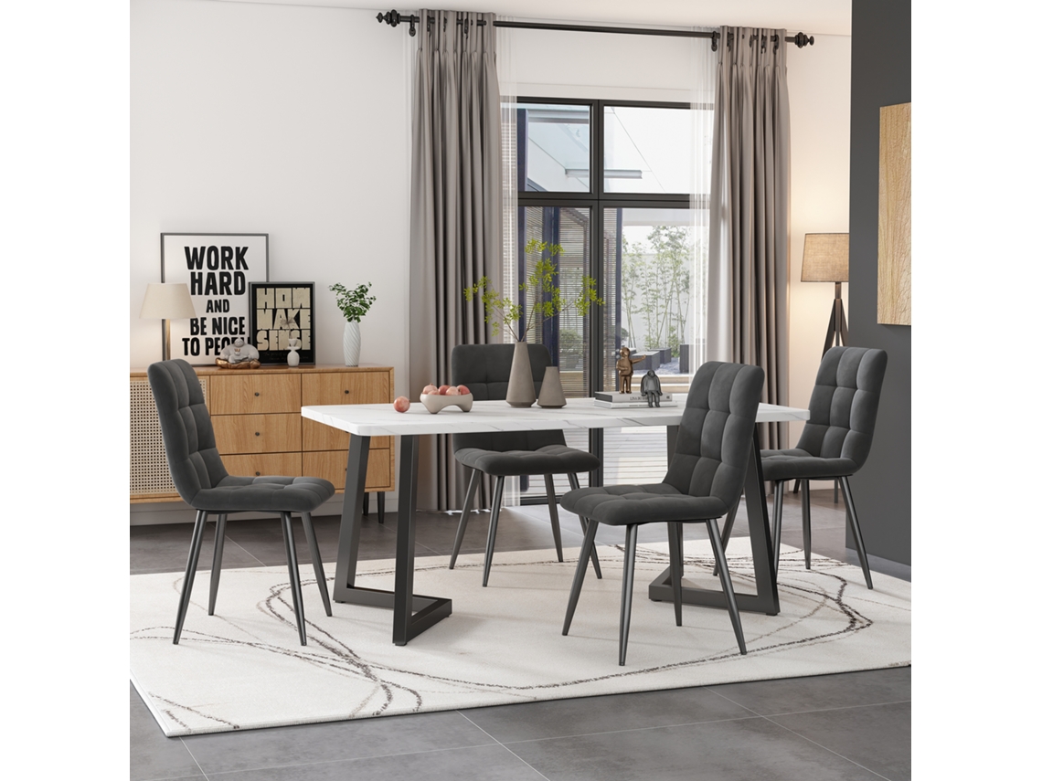 Conjunto Mesa Comedor 117cm - Mesa Rectangular Moderna Con 4 Sillas Terciopelo Gris - Patas Negras