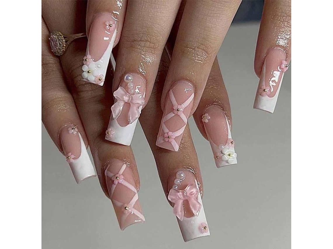 Uñas Postizas Cuadradas Rosas De Tamaño Mediano A Largo Con Brillantes Diamantes De Imitación - Listas Para Usar