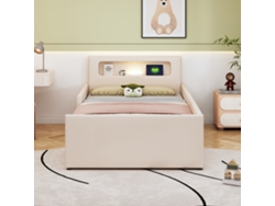 Cama infantil con cajón de 90 x 200 cm con LED y puerto USB en piel sintética beige.