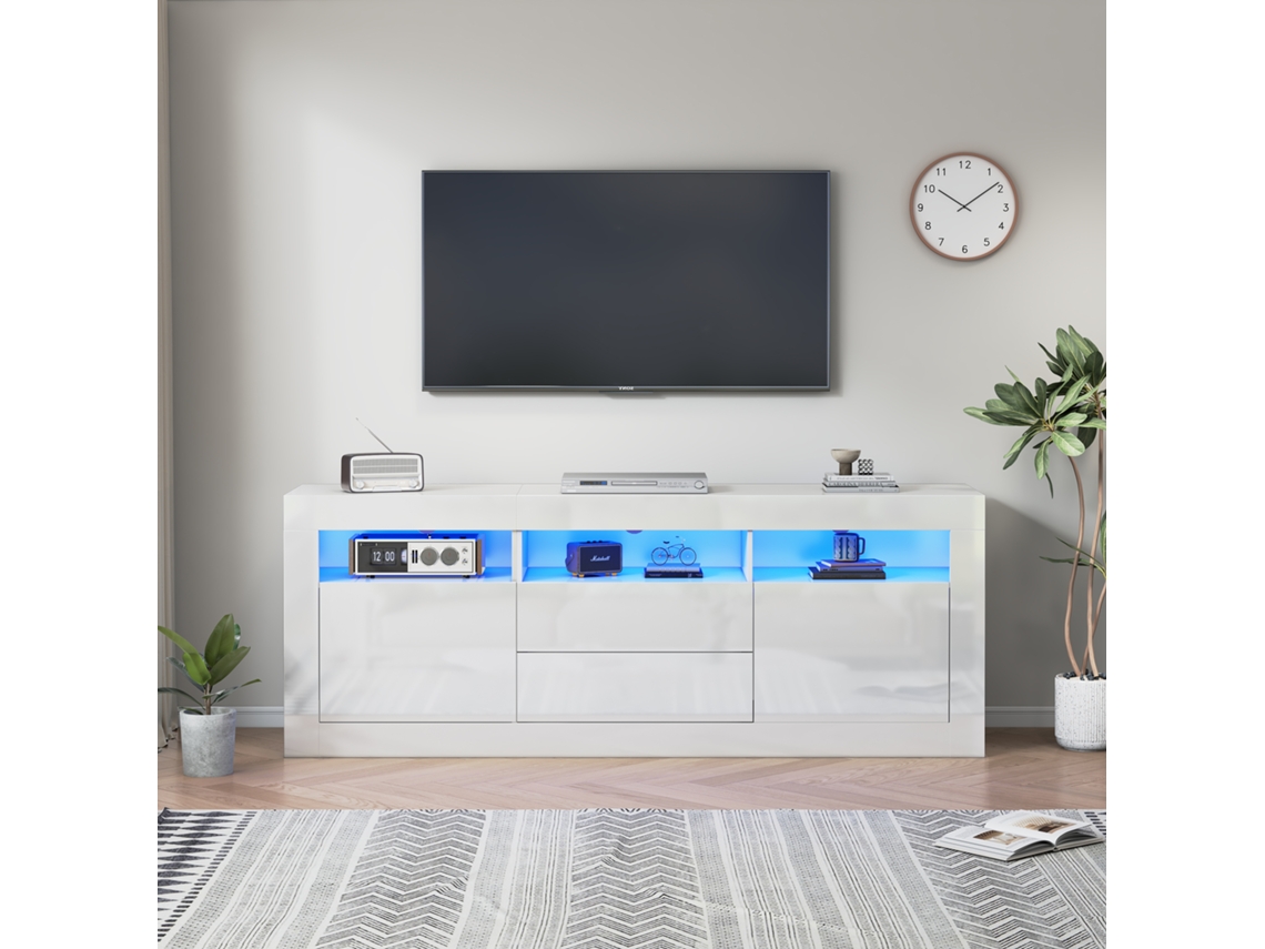 Mueble TV de 160 cm apto para TV de 70 cm con LED, 2 puertas, 2 cajones y 3 compartimentos abiertos, estilo blanco