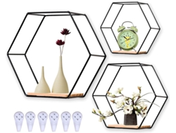 VVJIJILLY Conjunto 3 Prateleiras De Parede Flutuantes Hexagonais Em Madeira E Metal Para Cozinha, Sala, Quarto Ou Wc Preto