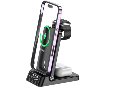 Estación de carga inalámbrica rápida QC3 con certificación Qi 3 en 1 con reloj despertador, compatible con iPhone14/13/12/11/X/8, Samsung CHRONUS