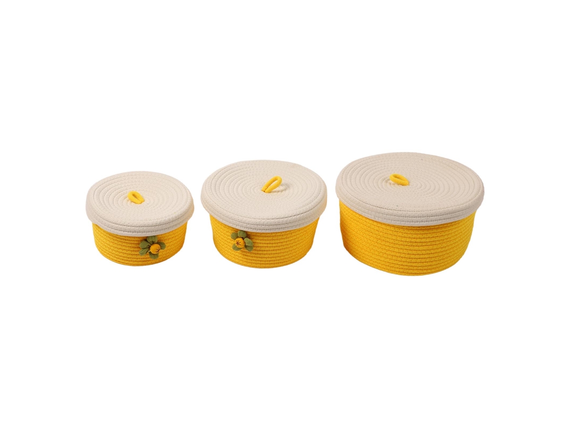3 Cestas De Cuerda De Algodón Con Tapa Y Asa, De Diferentes Tamaños, Color Amarillo, Para Almacenamiento.