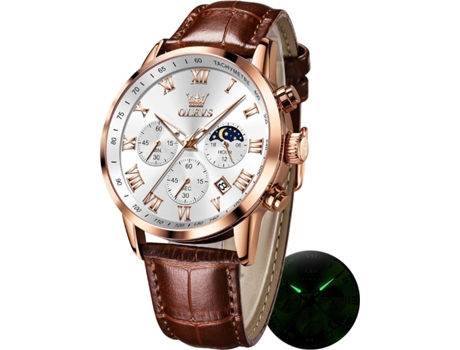 VEANXIN Reloj cronógrafo de cuarzo con fase lunar luminoso resistente al agua para hombre(oro rosa blanco)
