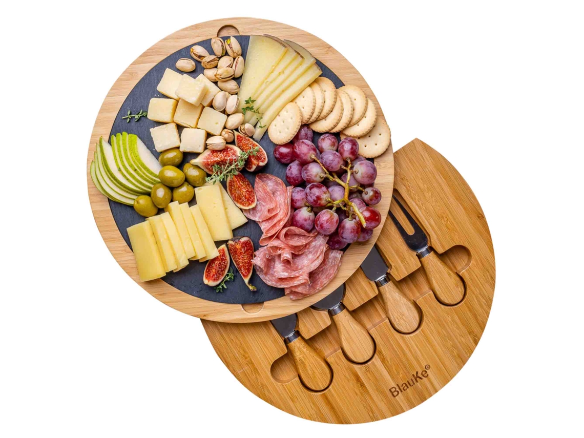 Tabla de Quesos con Utensilios e Plato de Pizarra – Bandeja de Madera para Queso Desayuno Aperitivo