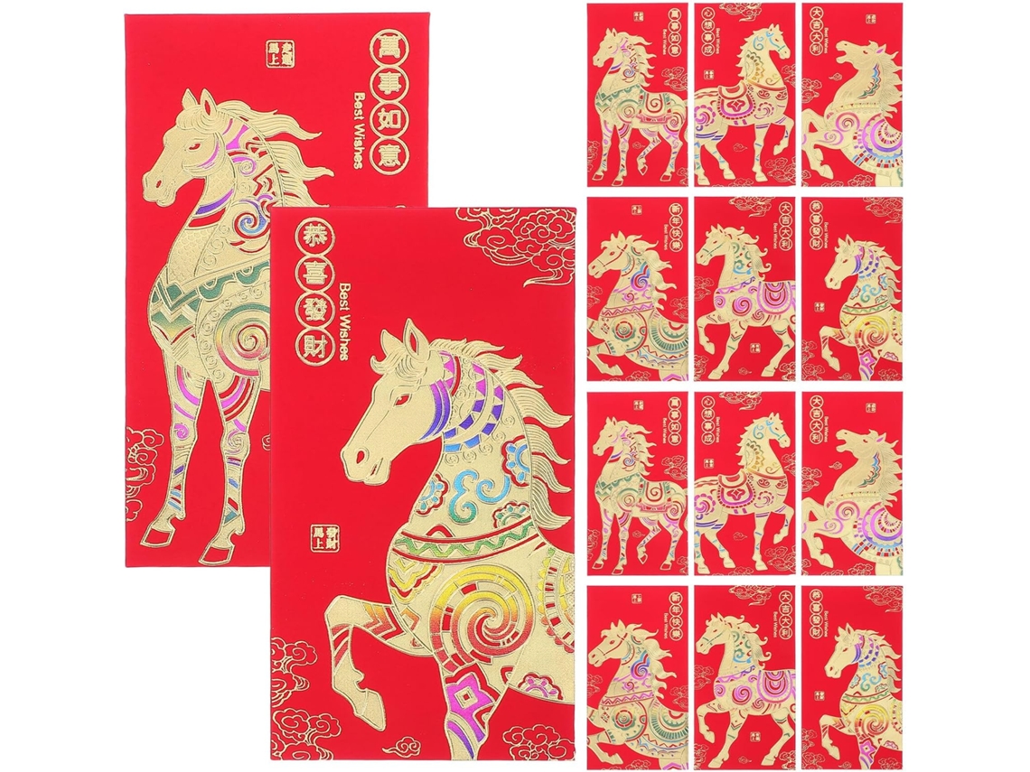 36 Sobres De Papel Rojos Con Amuletos Chinos Y Diseño De Caballo Dorado En Relieve, Formato Grande