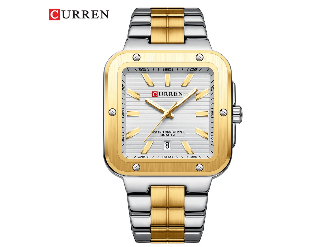 Reloj De Pulsera De Cuarzo Para Hombre (blanco Bicolor) Resistente Al Agua, Con Caja Cuadrada, Esfera Grande Y Fecha.