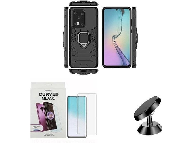 Kit Carcasa, Protector de Cristal Templado y Soporte Magnético Samsung Galaxy S20 Ultra Defender Negro