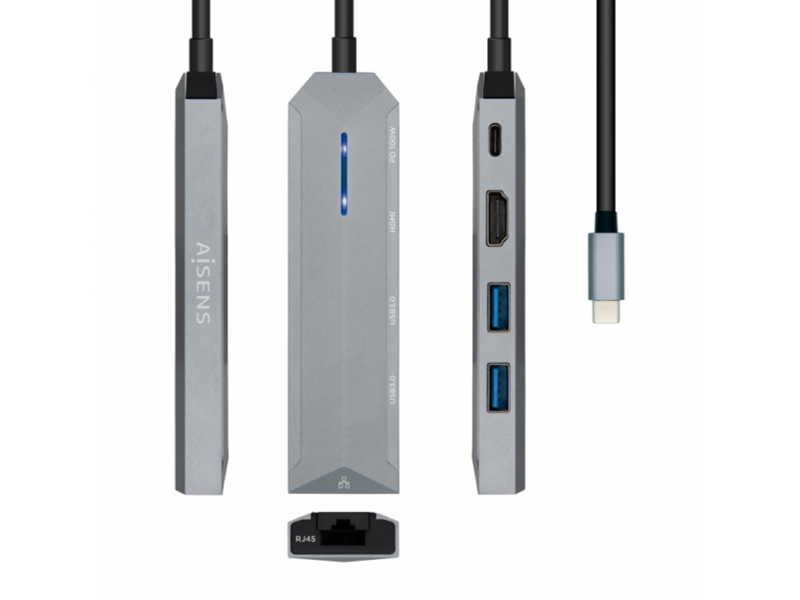 AISENS USB-C DOCK 5 EN 1 USB-C A 1xHDMI 1xRJ45 2xUSB 1xPD GRIS 15CM
