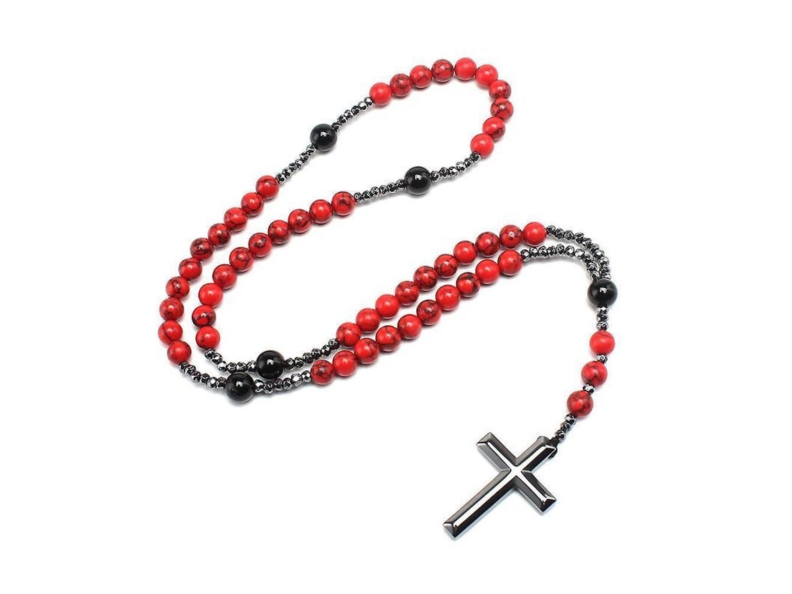Collar Rosario Cruz Piedra Natural Turquesa Roja Onix Negro 8mm 51-80cm Escarlata
