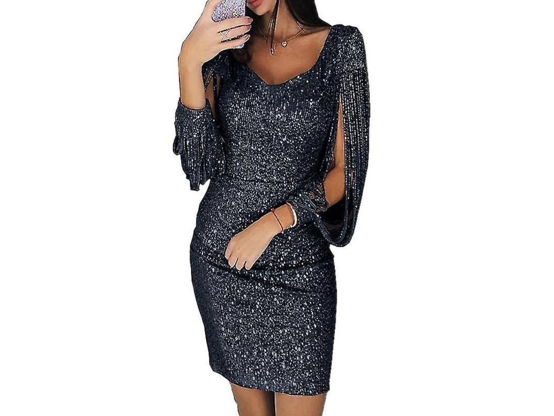 Vestido Corto De Lentejuelas Mujer Con Cuello V Profundo Y Mangas Largas Tassel Brillo Sexy L Negro