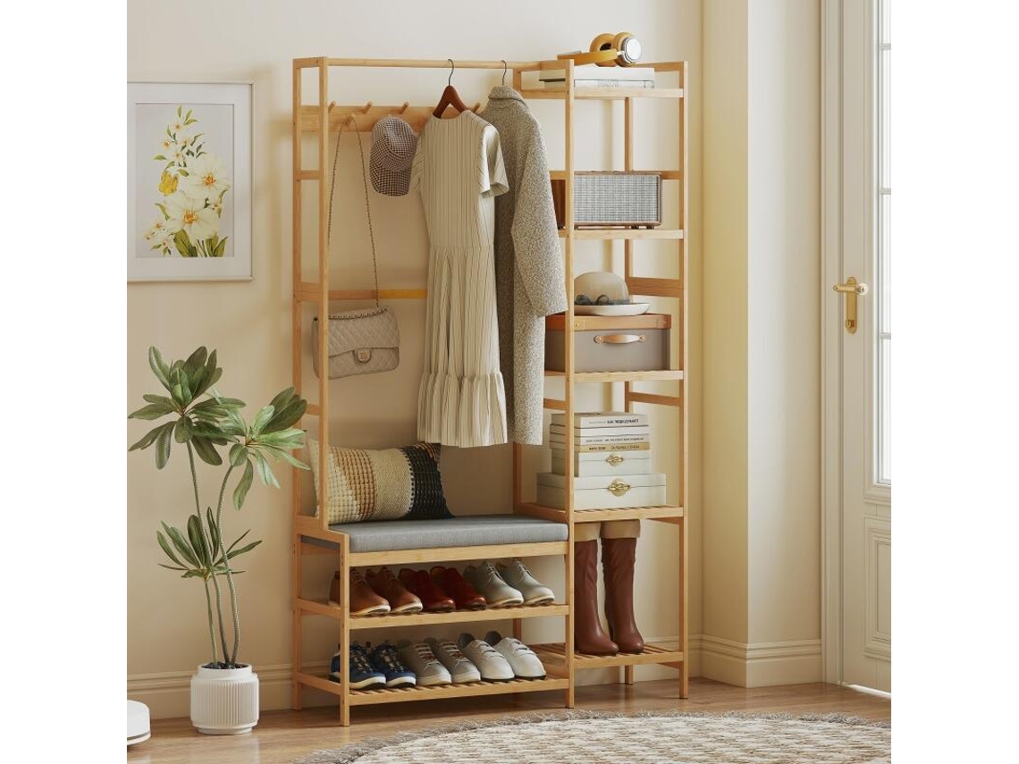 Perchero con zapatero, ganchos, banco con cojín, para pasillo y recibidor, madera natural.