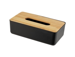 Caja de pañuelos de plástico con tapa de bambú, fácil extracción, 24,5 x 9 x 12,5 cm, color negro/natural