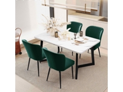 Conjunto de mesa de comedor de 117×68×75 cm con 4 sillas en terciopelo verde, respaldo alto, tablero de MDF blanco, patas negras Mobrio