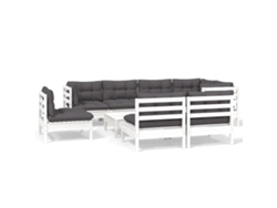 Juego de 9 sillones de jardín con cojines, pino blanco macizo, EXCLUSIVO DE LA CASA