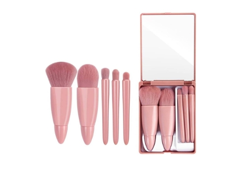 BISBISOUS Juego de brochas de maquillaje portátiles de 5 piezas con estuche de espejo para sombra de ojos rubor rosa