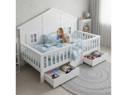 Cama De Madera De 90x200 Cm, 2 Cajones, Ruedas, Ventanas, Techo De Listones Blancos.