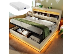 Cama Con Espacio De Almacenamiento, De 140x200 Cm, Con Iluminación Led Usb, Cabecero Hidráulico Y Sábanas Beige.