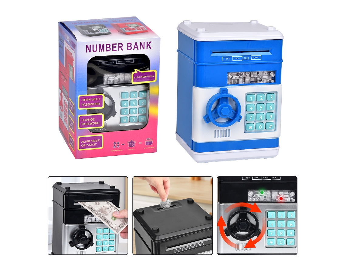 Caja de contraseñas de dibujos animados para niños, cajero automático de depósitos bancarios, juguete para niños pequeños, ahorra dinero Digitallab (azul)