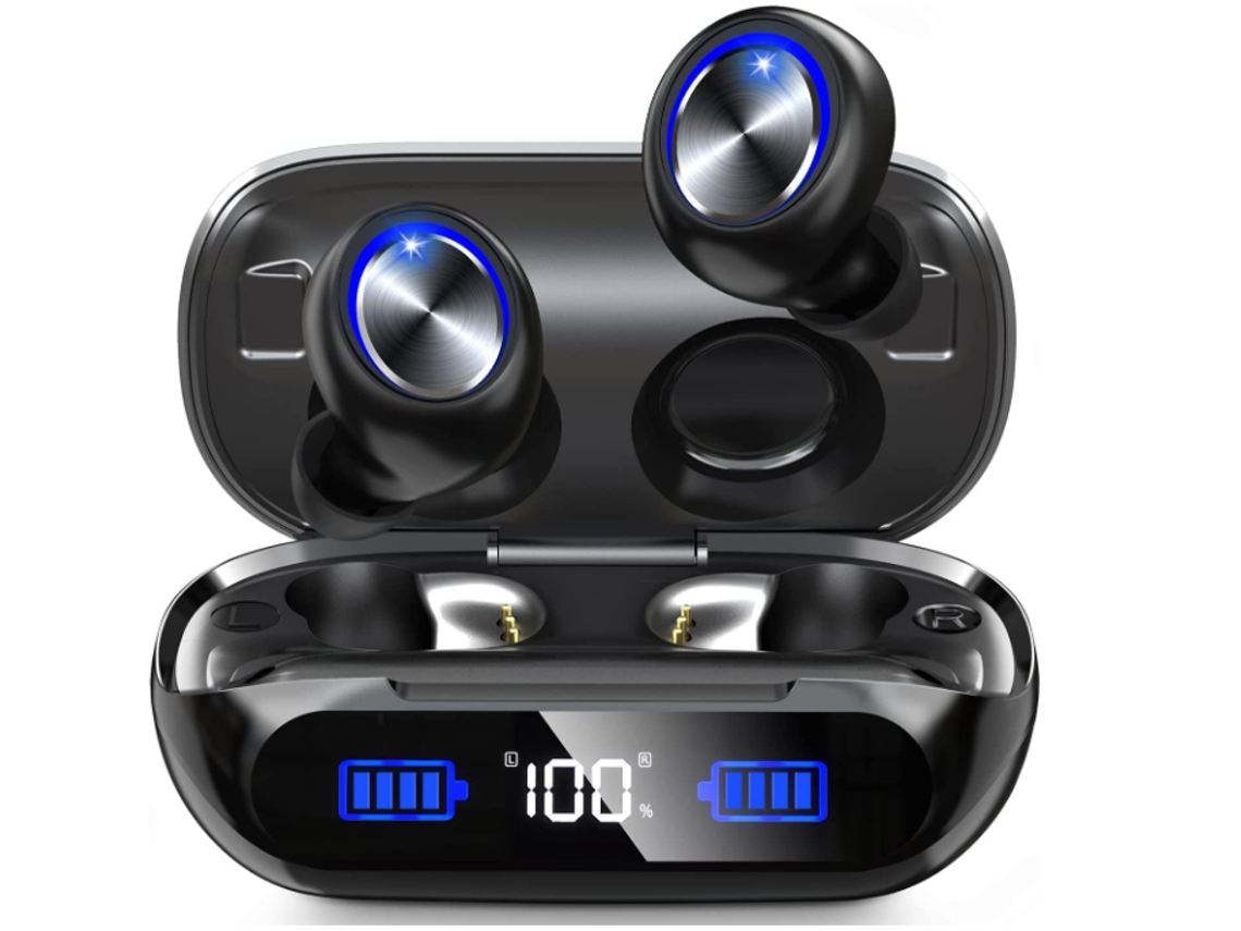 Auriculares inalámbricos Bluetooth JIAPEI con reproducción a 180 Hz, graves profundos, cancelación de ruido, clasificación IPX8, aptos para deportes y trabajo, color negro.