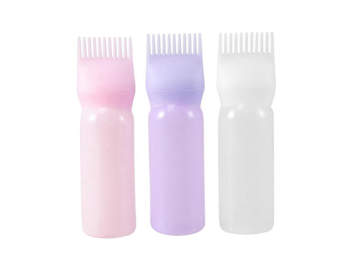 Conjunto de 3 frascos dosadores de tinta para cabelo com pente e escala graduada para coloração profissional (branco, roxo e rosa).