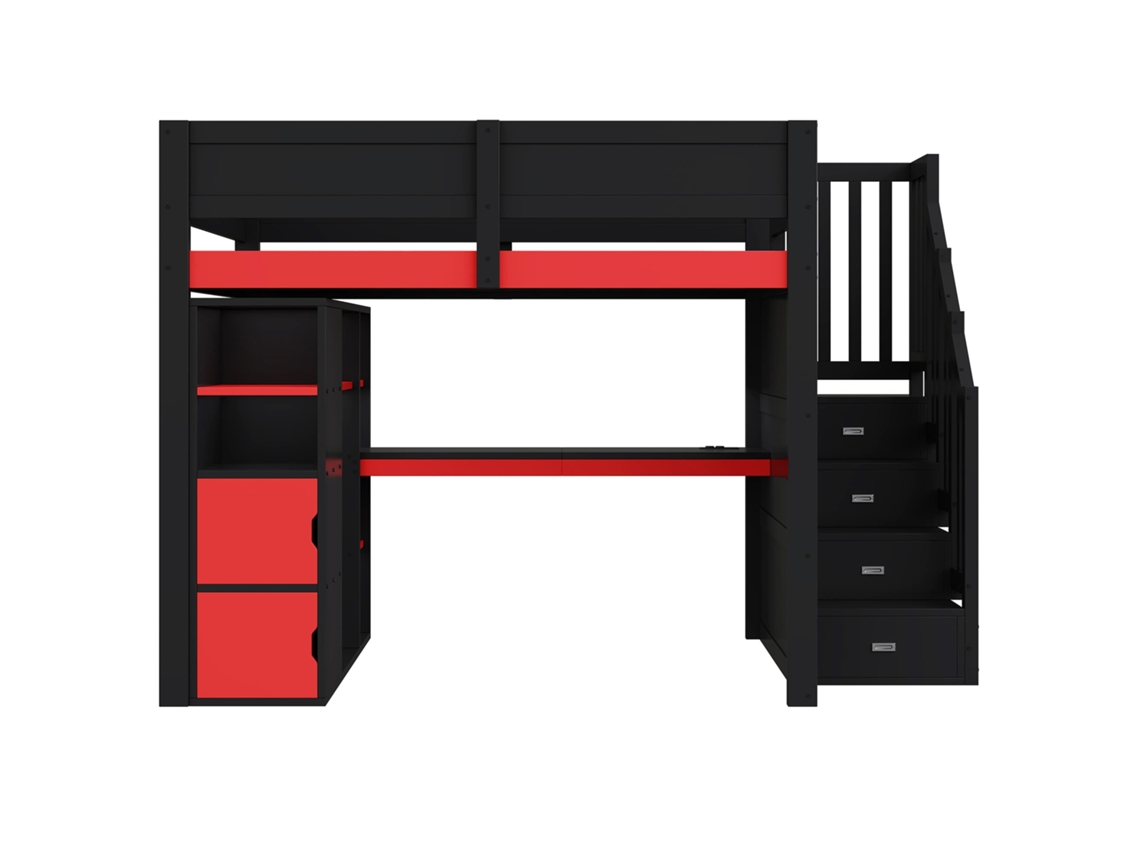 Cama alta para juegos de 140x200 - Escritorio, almacenamiento, LED, USB - Negro y rojo