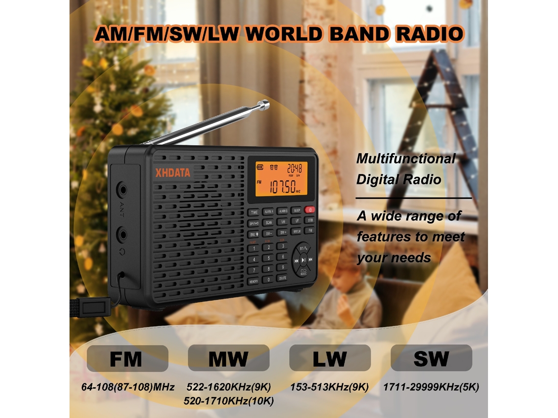 Radio digital portátil Viewleaf AM/SW/MW/FM estéreo multifunción compatible con Bluetooth compatible con tarjeta TF reproducción de audio