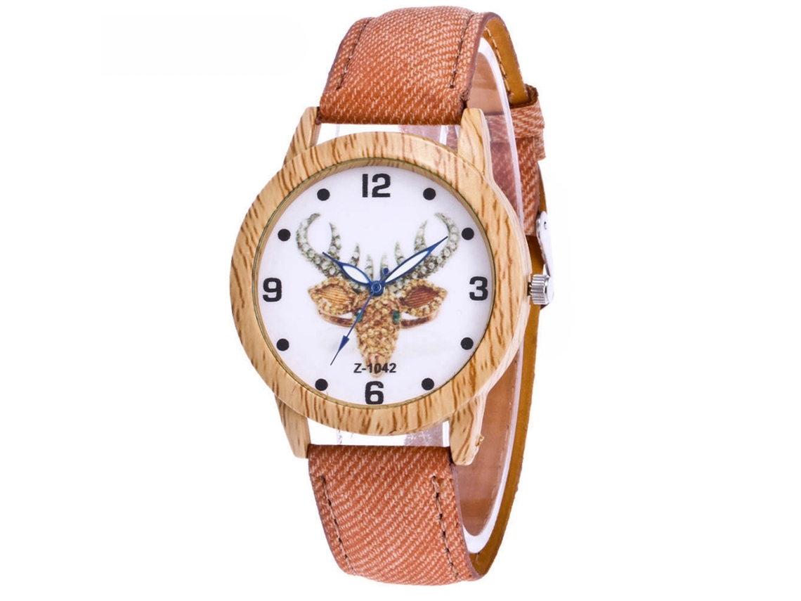 Reloj De Pulsera Unisex Con Correa Vaquera Y Caja De Imitación Madera (marrón Claro)