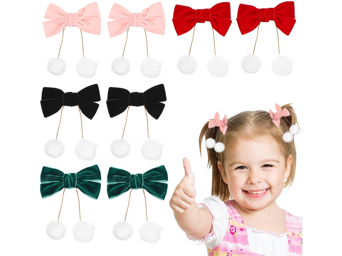 Presilhas De Cabelo Pequenas De Veludo Nuobesty, 4 Pares, Cores Sortidas, Laço De Pompom Para Meninas