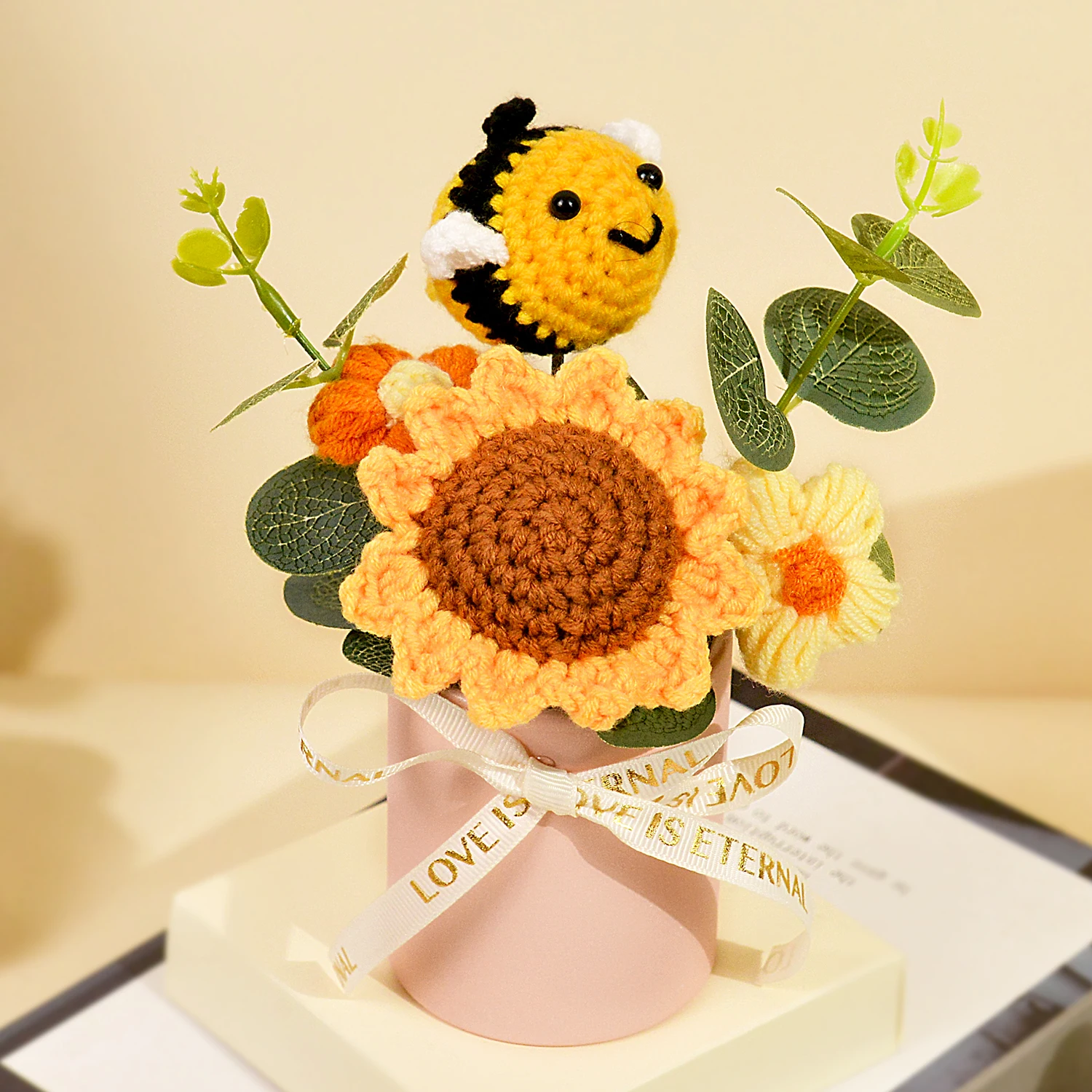 (amarillo) Ramo De Girasoles Tejido A Mano, Presentado En Caja De Regalo, Ideal Para Regalos Y Decoración Del Hogar.