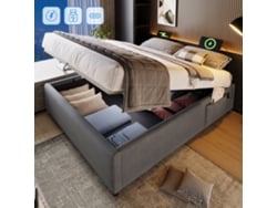 Cama De Algodón Gris De 140x200 Cm, Sin Cabecero, Usb-c, Base De Láminas.
