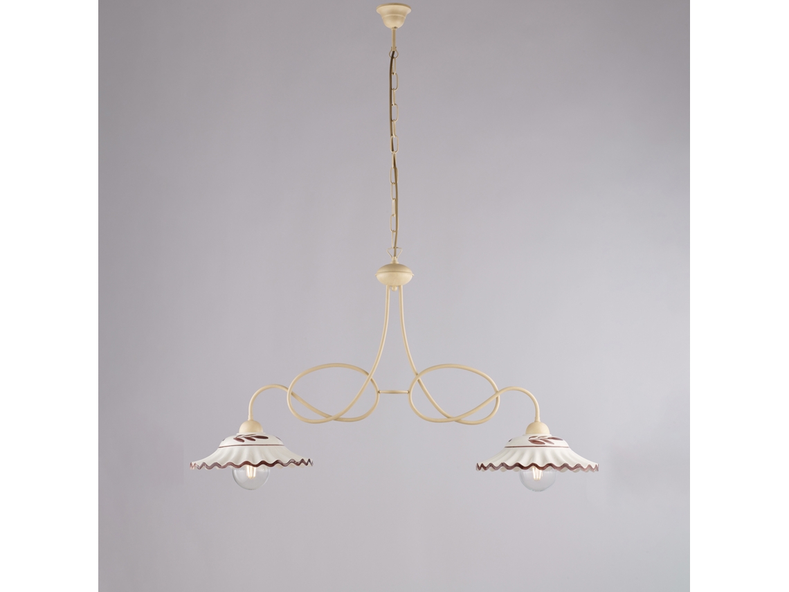 Lámpara de araña de hierro estilo bistrot color marfil, efecto decapado, con difusores de cerámica, diámetro 30 cm, blanco y marrón, 2 luces, ancho 98 x 30 cm, Belight