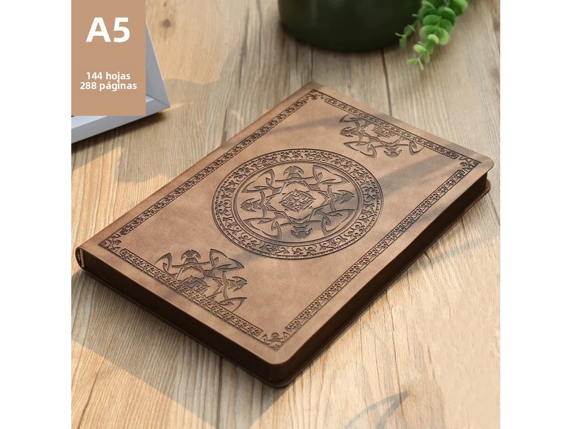 Cuaderno retro A5 con cubierta de cuero PU grueso y estampado Literary Relay MDUG (caqui).