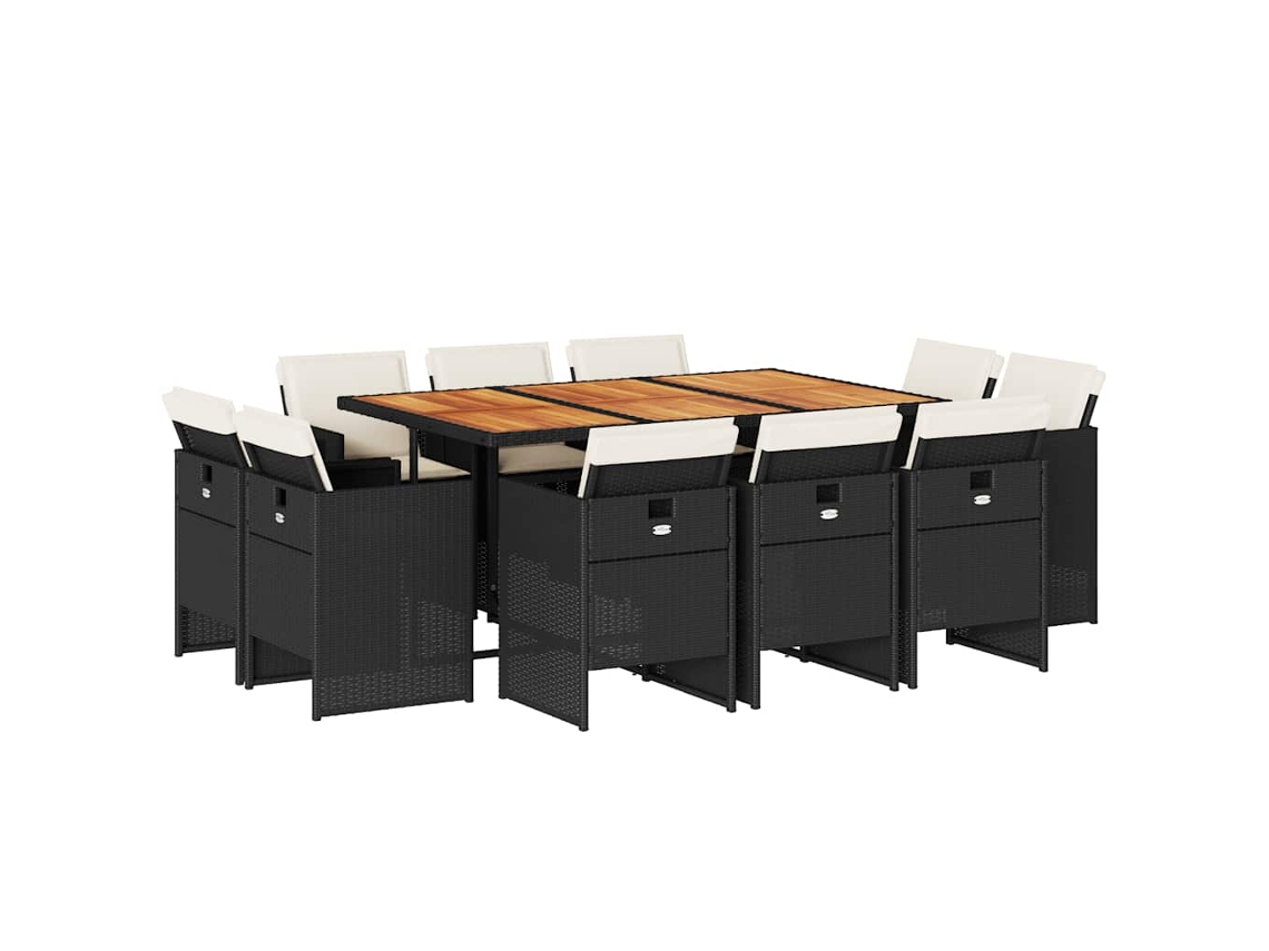 Juego de 11 piezas de comedor de jardín con cojines de mimbre, color negro, EXCLUSIVA DE LA CASA