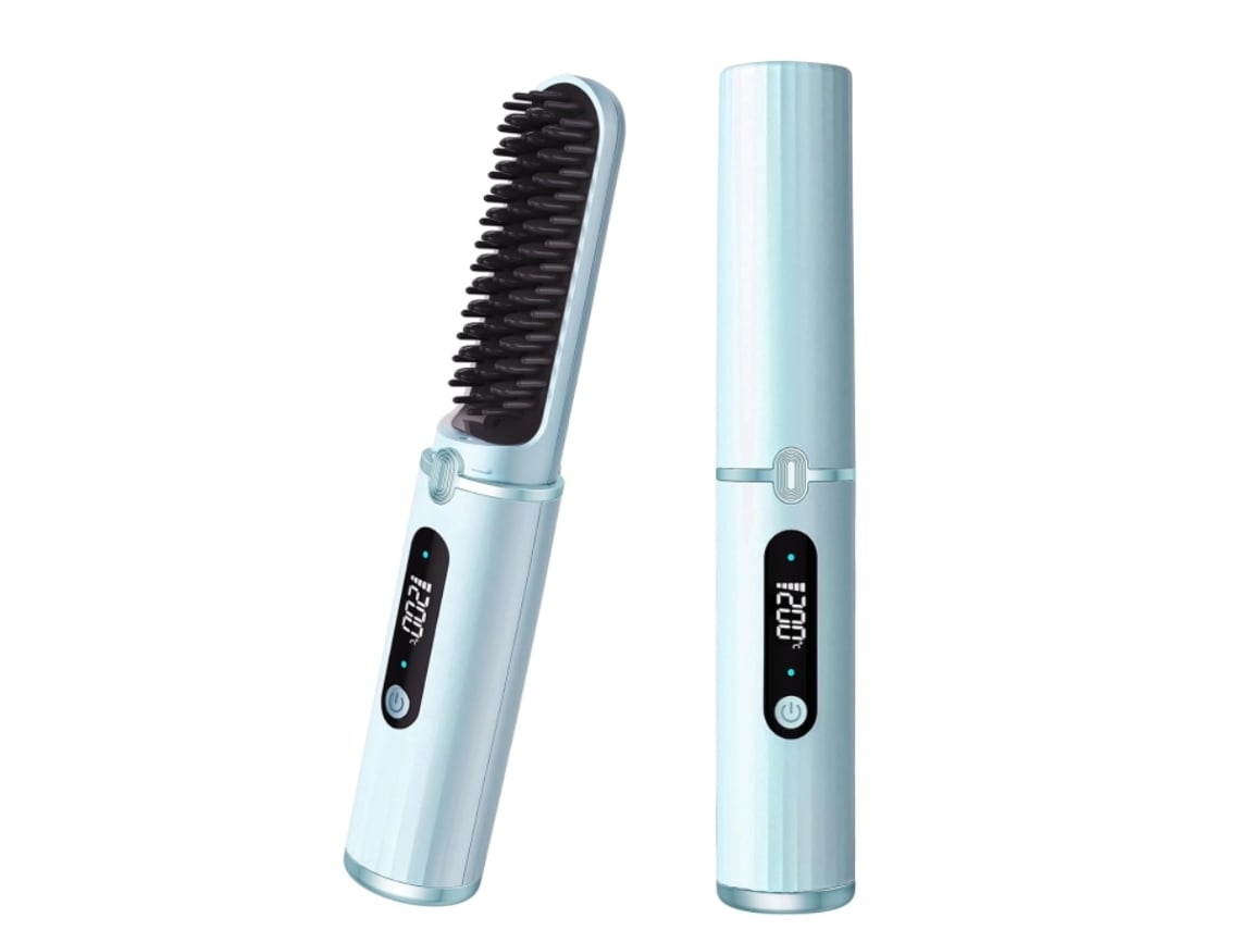 Cepillo alisador de cabello inalámbrico Yunzii para mujer, mini cepillo alisador de cabello portátil con iones negativos azul