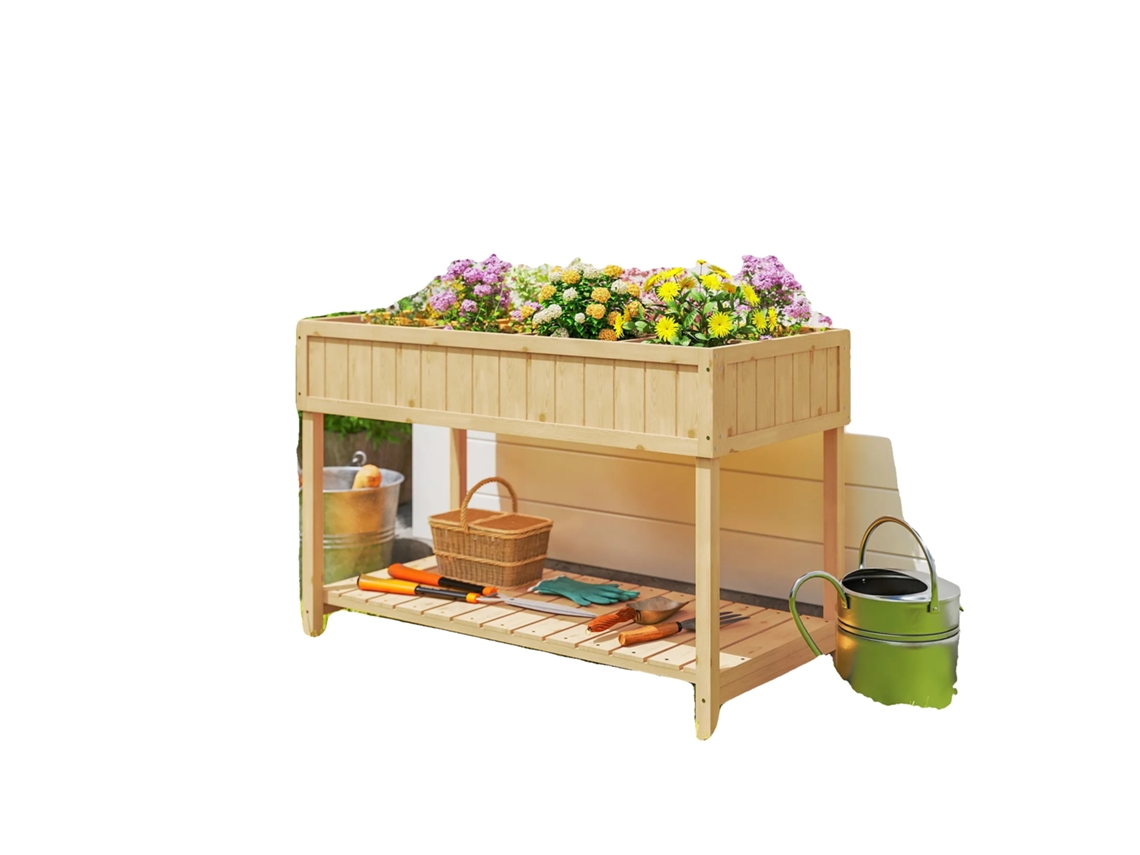Maceta de jardín, fabricada en madera natural, dimensiones 110x46x76 cm, apta para uso exterior, resistente a la intemperie, acabado no tóxico.