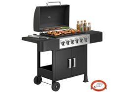 Parrilla de gas con 6 quemadores, termómetro, parrilla, mesas auxiliares, armario, ruedas, 135x51x101cm