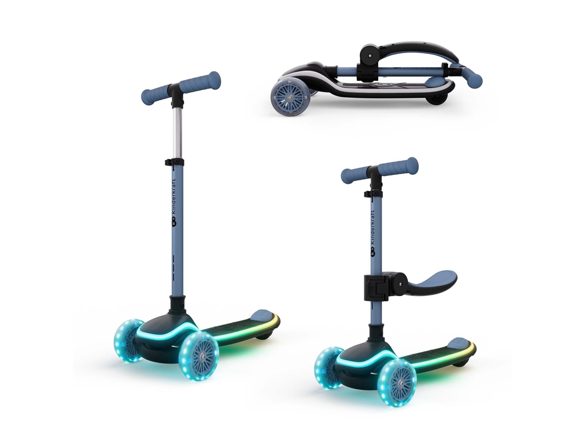 Patinete Infantil Kinderkraft RAKET UP 2 en 1 con ruedas LED RGB, plataforma iluminada y conducción suave Azul