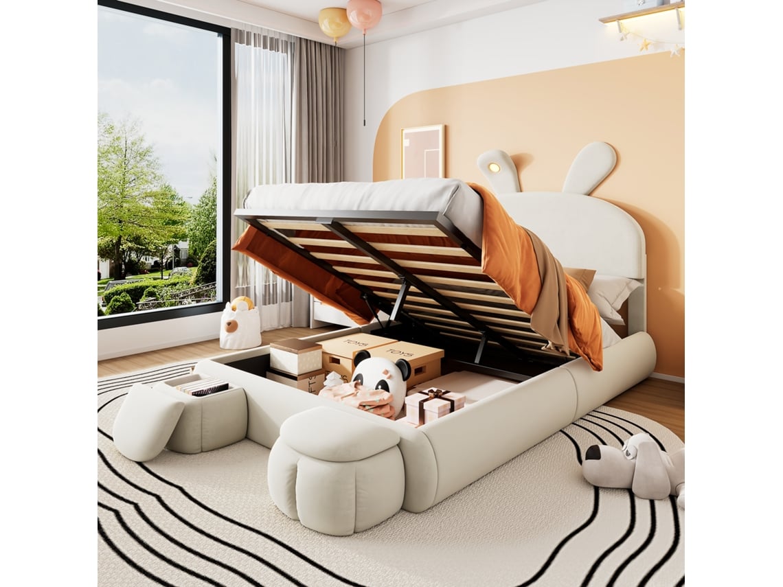 Cama Para Conejos De 140x200 Con Almacenamiento Led Y Bancos Beige.