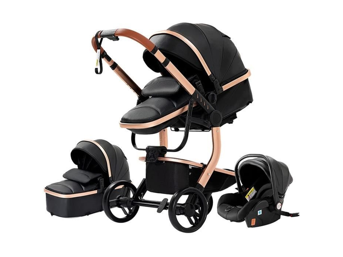 Cochecito combinado 3 en 1, marca, modelo, negro, 4 ruedas, plegable, ligero