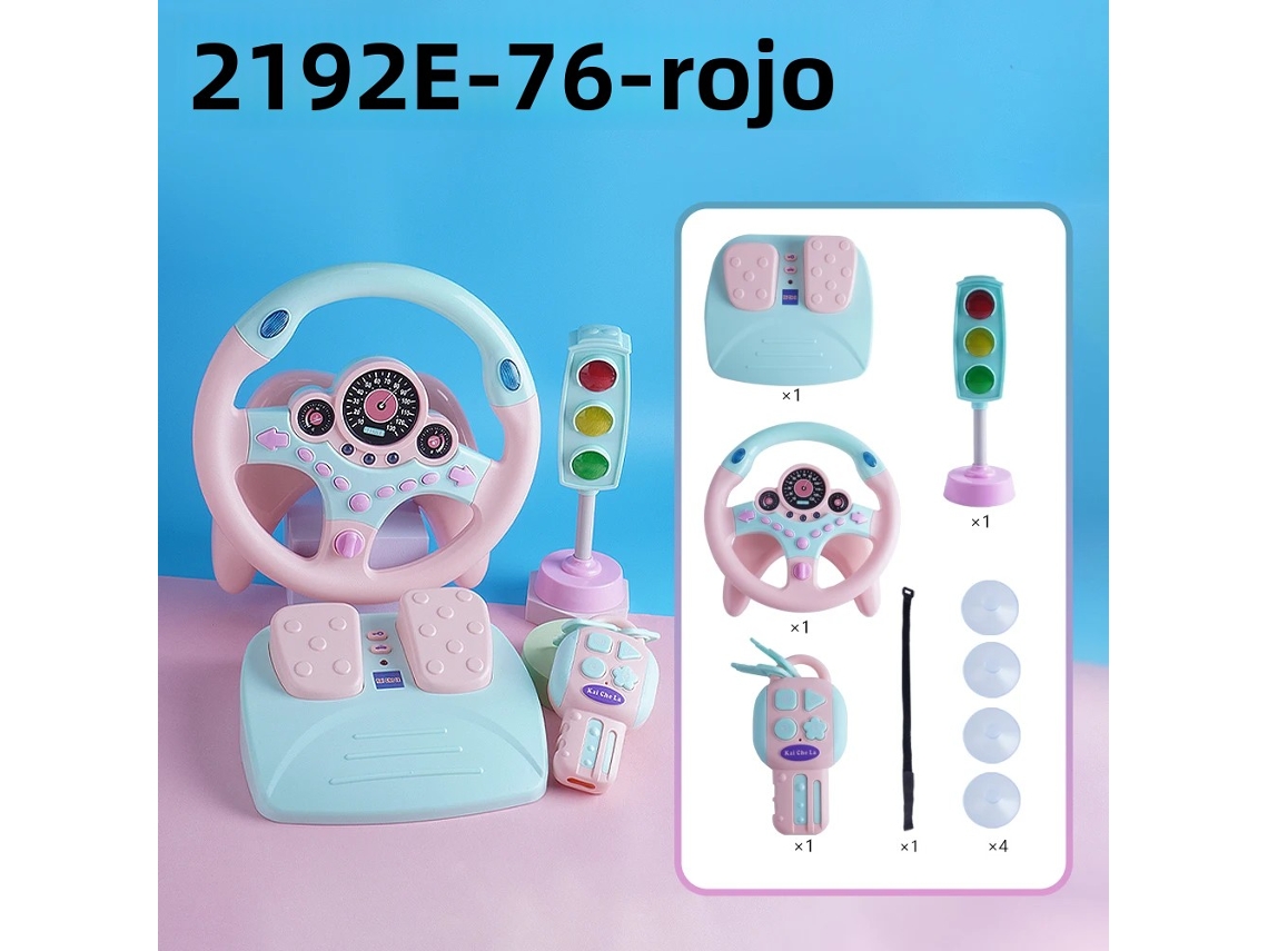 Volante de juguete eléctrico (rosa) con luces y efectos de sonido, pedal de acelerador y comandos de voz.