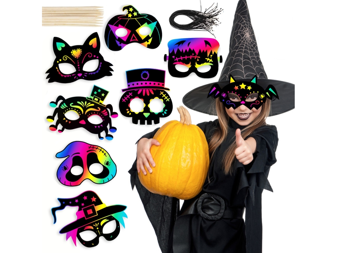 8 máscaras faciales de arcoíris para rascar, ideales para fiestas de Halloween. Artículos decorativos para niños.