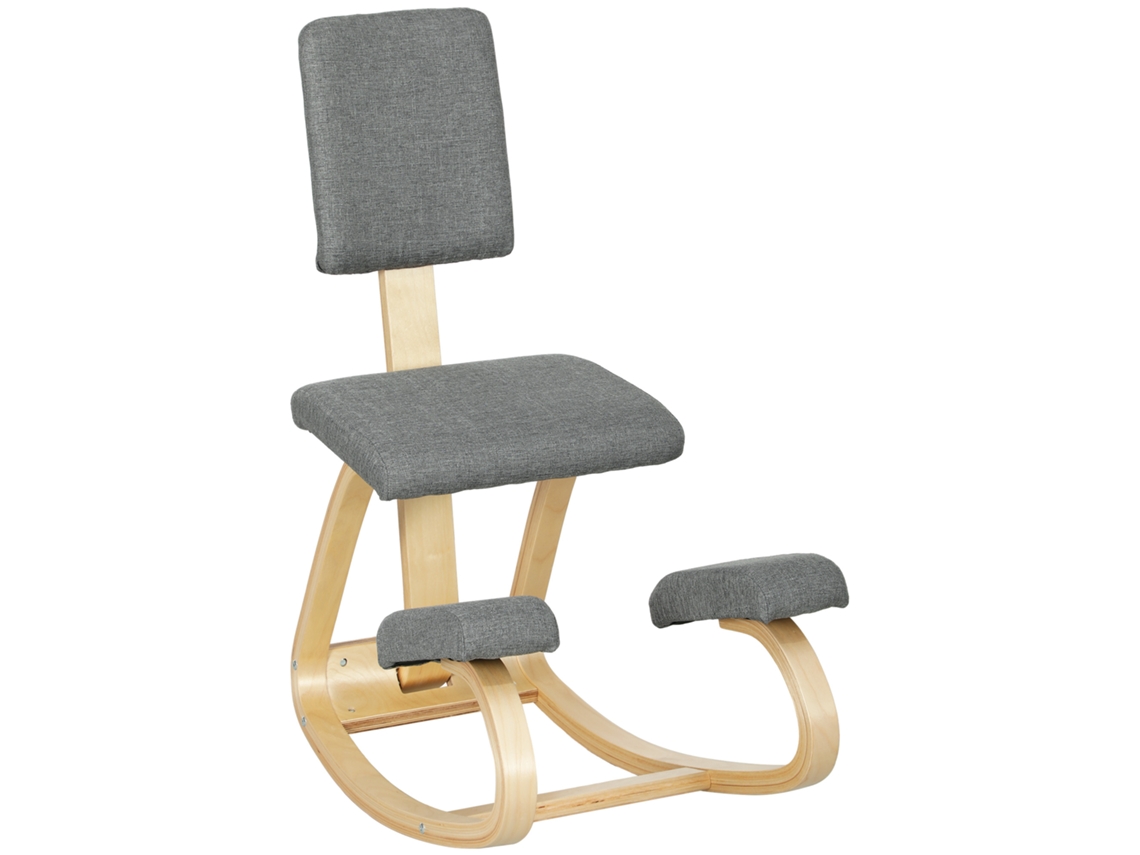 Silla mecedora ergonómica de rodillas, de madera, con respaldo gris.
