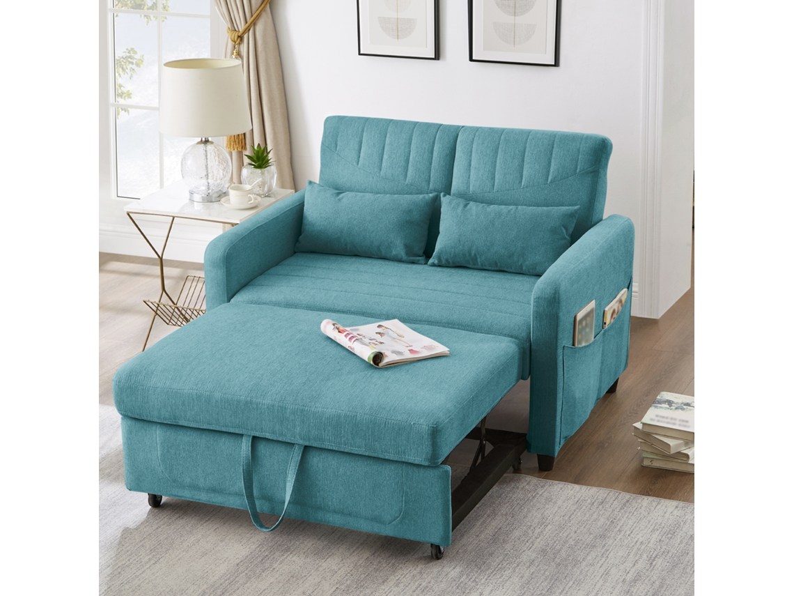 Sofá Cama De 2 Plazas, Respaldo Ajustable En 3 Posiciones, Tela De Algodón Lino, 114x77x82.5 Cm, Azul Verde Antiguo.