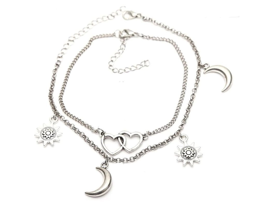 2pcs Pulseras De Tobillo Plata Con Colgantes Luna Sol Y Corazón Ajustables Para Mujer
