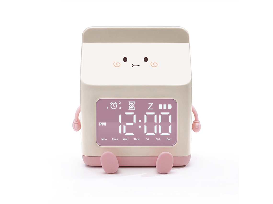 Reloj despertador Baok-Clock con forma de cartón de leche, divertido, digital, con cuenta atrás, rosa, para estudiantes, para niños.
