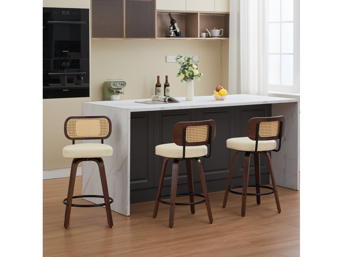 Juego De 3 Taburetes Giratorios De Mimbre Para Bar, Color Nogal Beige, 66 Cm.